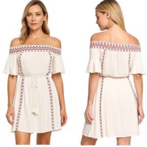 POL Off-Shoulder Cream Mini Dress with Red Accents - Picture 1 of 5